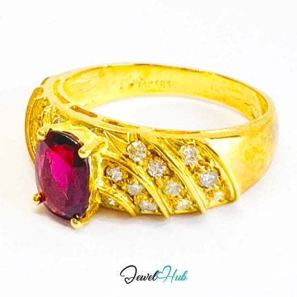 14K Gold Ruby Ring · UK P · US 8 · 1.29ct Gemstone · Wave Diamond Band JH