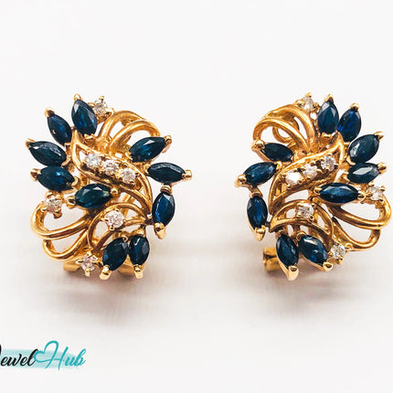 14k (585) Yellow Solid Gold x10 Sapphire & Diamond Exquisite design earrings - JewelHub