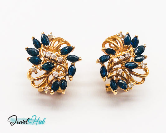 14k (585) Yellow Solid Gold x10 Sapphire & Diamond Exquisite design earrings