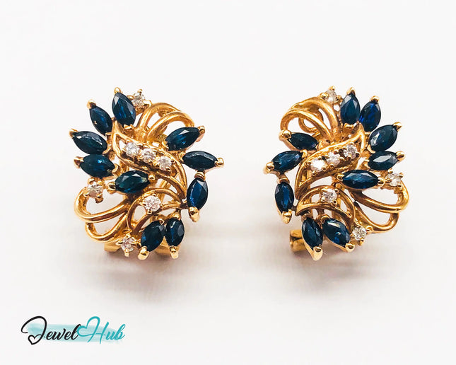 14k (585) Yellow Solid Gold x10 Sapphire & Diamond Exquisite design earrings - JewelHub