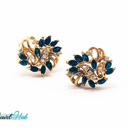 14k (585) Yellow Solid Gold x10 Sapphire & Diamond Exquisite design earrings - JewelHub