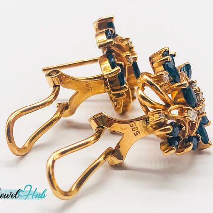 14k (585) Yellow Solid Gold x10 Sapphire & Diamond Exquisite design earrings - JewelHub
