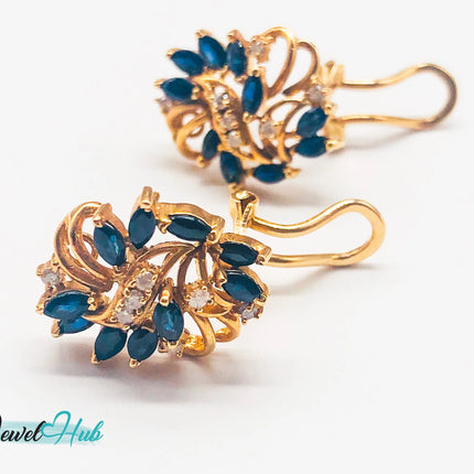 14k (585) Yellow Solid Gold x10 Sapphire & Diamond Exquisite design earrings - JewelHub
