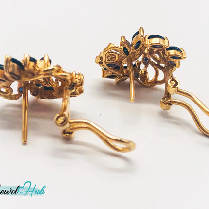 14k (585) Yellow Solid Gold x10 Sapphire & Diamond Exquisite design earrings - JewelHub