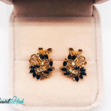 14k (585) Yellow Solid Gold x10 Sapphire & Diamond Exquisite design earrings - JewelHub