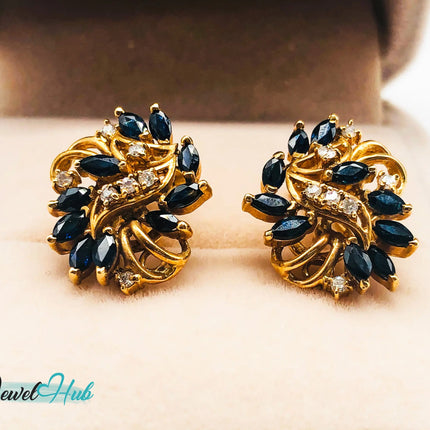 14k (585) Yellow Solid Gold x10 Sapphire & Diamond Exquisite design earrings - JewelHub