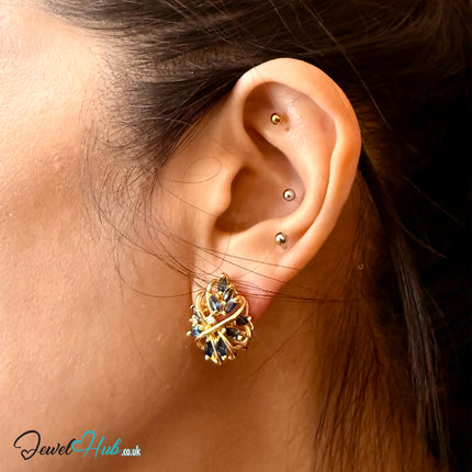 14k (585) Yellow Solid Gold x10 Sapphire & Diamond Exquisite design earrings - JewelHub