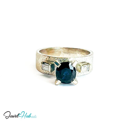 14K White Gold Sapphire & Diamond Ring · ~1.25ct Sapphire · UK N · US 7 · Trio-Set Architectural Band - JewelHub