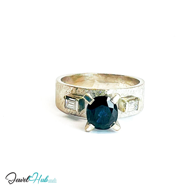 14K White Gold Sapphire & Diamond Ring · ~1.25ct Sapphire · UK N · US 7 · Trio-Set Architectural Band - JewelHub