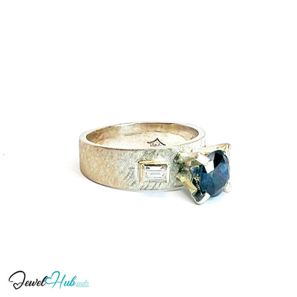 14K White Gold Sapphire & Diamond Ring · ~1.25ct Sapphire · UK N · US 7 · Trio-Set Architectural Band - JewelHub