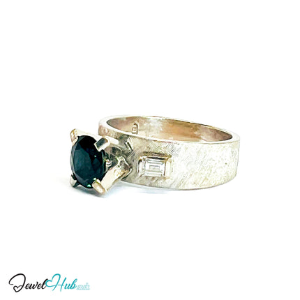14K White Gold Sapphire & Diamond Ring · ~1.25ct Sapphire · UK N · US 7 · Trio-Set Architectural Band - JewelHub