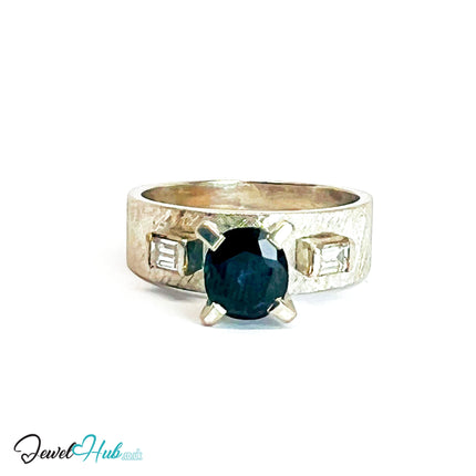14K White Gold Sapphire & Diamond Ring · ~1.25ct Sapphire · UK N · US 7 · Trio-Set Architectural Band - JewelHub