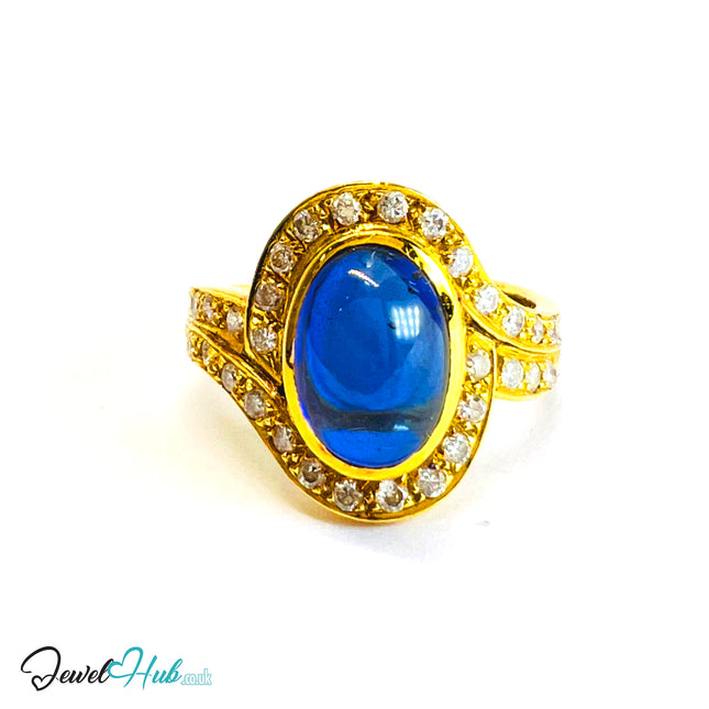 18K Gold Sapphire & Diamond Ring · 2.2ct Oval Sapphire · UK N · US 7 · Halo Split Shank Design - JewelHub
