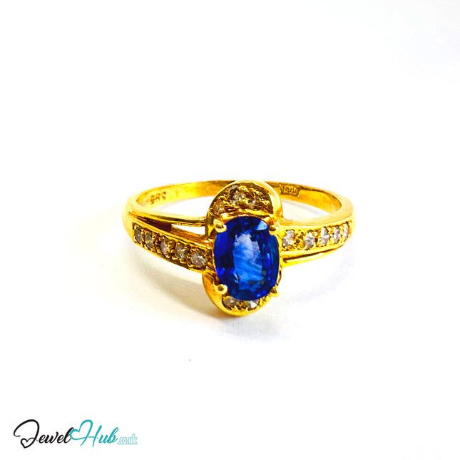 14K Gold Sapphire & Diamond Ring · 0.75ct Oval Sapphire · UK Q · US 8.25 · Minimalist Halo Band - JewelHub