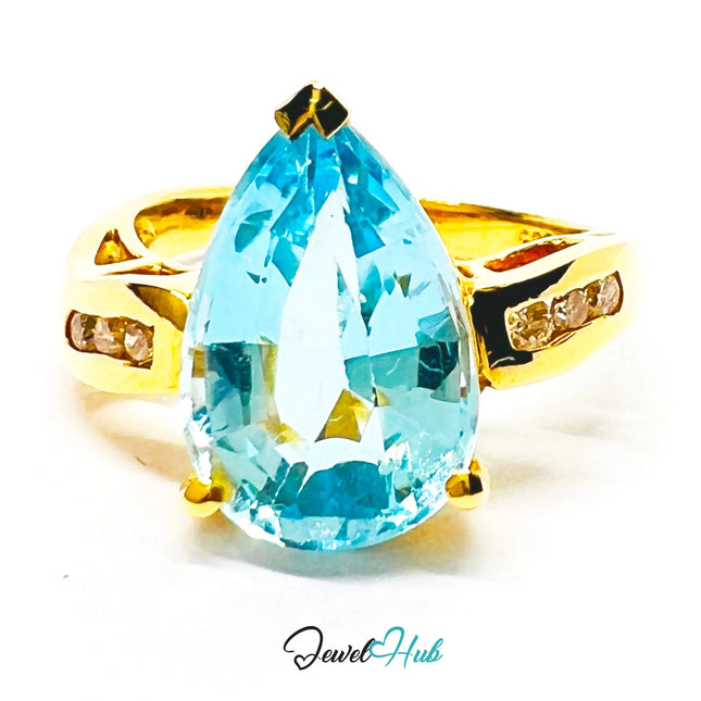 14k Gold Pear-Cut Topaz Diamond Ring – Hallmarked (585) Centre Stone 4-carat | UK K US 5.5 | Statement Blue Collection JH