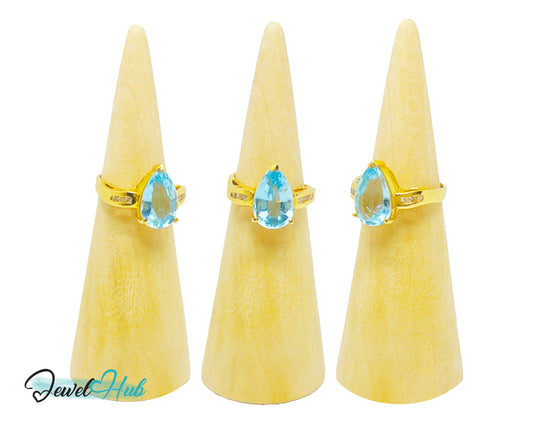 14k Gold Pear-Cut Topaz & Diamond Ring – Hallmarked (585) Centre Stone 4-carat | UK K US 5.5 | Statement Blue Collection