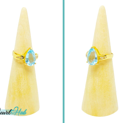 14k Gold Pear-Cut Topaz & Diamond Ring – Hallmarked (585) Centre Stone 4-carat | UK K US 5.5 | Statement Blue Collection JH
