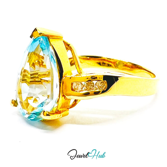 14k Gold Pear-Cut Topaz Diamond Ring – Hallmarked (585) Centre Stone 4-carat | UK K US 5.5 | Statement Blue Collection JH