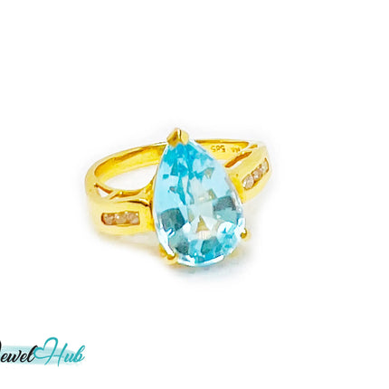 14k Gold Pear-Cut Topaz & Diamond Ring – Hallmarked (585) Centre Stone 4-carat | UK K US 5.5 | Statement Blue Collection JH