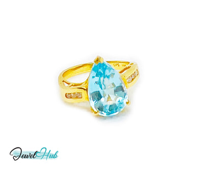 14k Gold Pear-Cut Topaz & Diamond Ring – Hallmarked (585) Centre Stone 4-carat | UK K US 5.5 | Statement Blue Collection