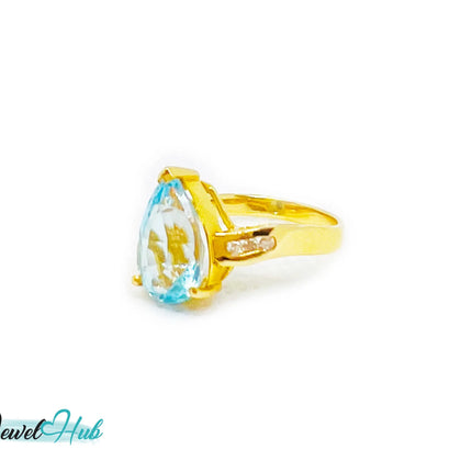 14k Gold Pear-Cut Topaz & Diamond Ring – Hallmarked (585) Centre Stone 4-carat | UK K US 5.5 | Statement Blue Collection JH