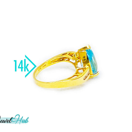 14k Gold Pear-Cut Topaz & Diamond Ring – Hallmarked (585) Centre Stone 4-carat | UK K US 5.5 | Statement Blue Collection JH