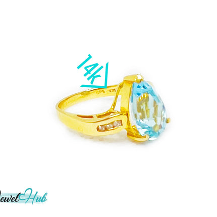 14k Gold Pear-Cut Topaz & Diamond Ring – Hallmarked (585) Centre Stone 4-carat | UK K US 5.5 | Statement Blue Collection JH