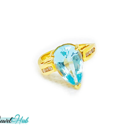 14k Gold Pear-Cut Topaz & Diamond Ring – Hallmarked (585) Centre Stone 4-carat | UK K US 5.5 | Statement Blue Collection JH