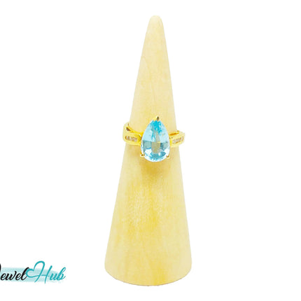 14k Gold Pear-Cut Topaz & Diamond Ring – Hallmarked (585) Centre Stone 4-carat | UK K US 5.5 | Statement Blue Collection JH