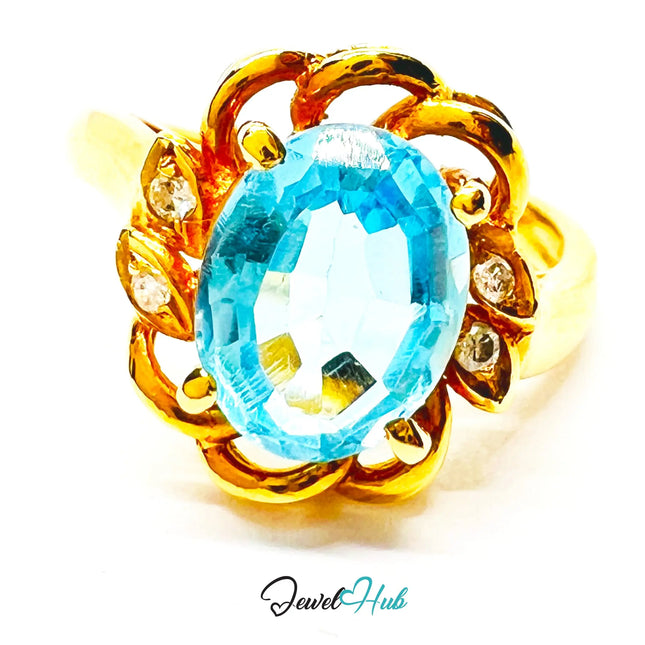 14K Gold Swiss Blue Topaz Ring – Hallmarked  (585) Centre Stone 4.19ct  | UK L US 6 | with Diamond Accents JH
