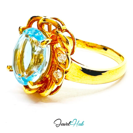14K Gold Swiss Blue Topaz Ring – Hallmarked  (585) Centre Stone 4.19ct  | UK L US 6 | with Diamond Accents JH