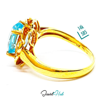 14K Gold Swiss Blue Topaz Ring – Hallmarked  (585) Centre Stone 4.19ct  | UK L US 6 | with Diamond Accents JH