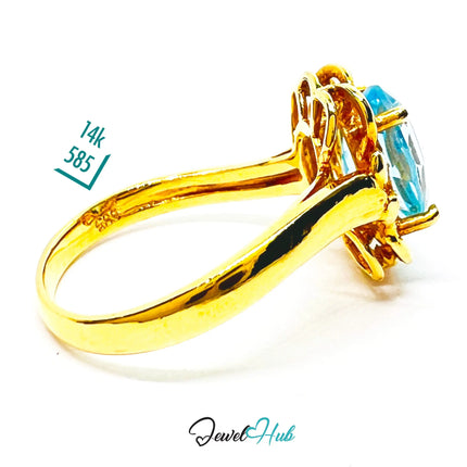 14K Gold Swiss Blue Topaz Ring – Hallmarked  (585) Centre Stone 4.19ct  | UK L US 6 | with Diamond Accents JH