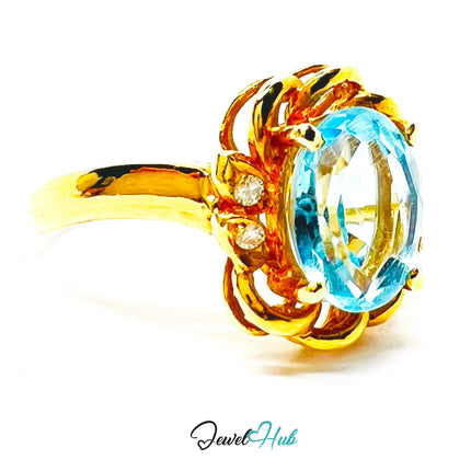 14K Gold Swiss Blue Topaz Ring – Hallmarked  (585) Centre Stone 4.19ct  | UK L US 6 | with Diamond Accents JH