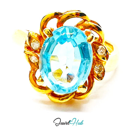 14K Gold Swiss Blue Topaz Ring – Hallmarked  (585) Centre Stone 4.19ct  | UK L US 6 | with Diamond Accents JH