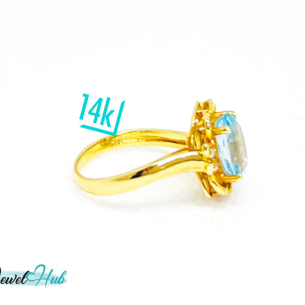 14K Gold Swiss Blue Topaz Ring – Hallmarked  (585) Centre Stone 4.19ct  | UK L US 6 | with Diamond Accents JH