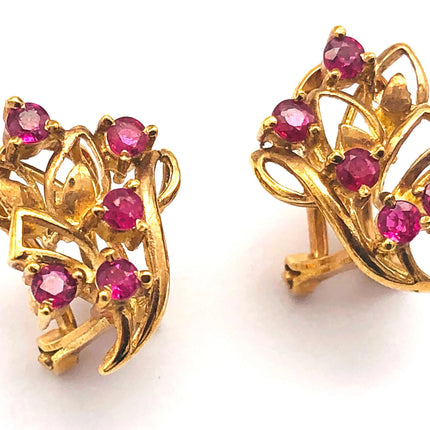 14k (585) Yellow Solid Gold Elegant Leaves with Flowery Shape x5 Ruby earrings JH