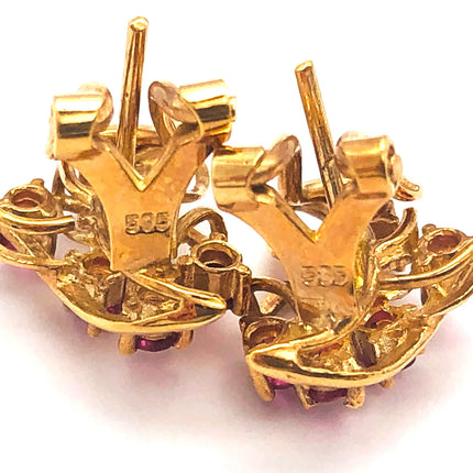 14k (585) Yellow Solid Gold Elegant Leaves with Flowery Shape x5 Ruby earrings JH