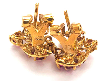 14k (585) Yellow Solid Gold Elegant Leaves with Flowery Shape x5 Ruby earrings
