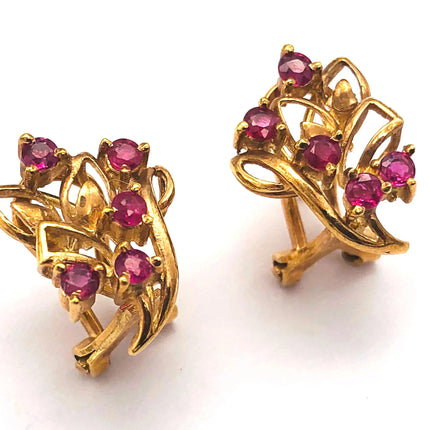 14k (585) Yellow Solid Gold Elegant Leaves with Flowery Shape x5 Ruby earrings JH
