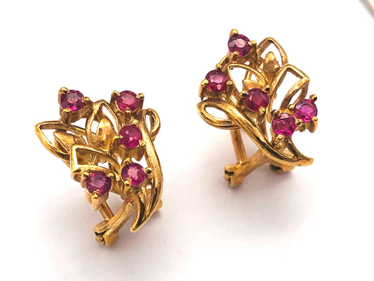 14k (585) Yellow Solid Gold Elegant Leaves with Flowery Shape x5 Ruby earrings