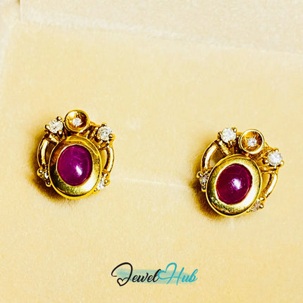 14k (585) Yellow Solid Gold Convertible Cabachon Ruby Earrings JH