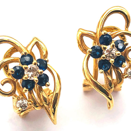 14k (585) Yellow Solid Gold Flowery Shape x5 Sapphire & Diamond earrings JH