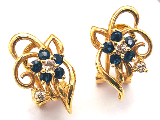 14k (585) Yellow Solid Gold Flowery Shape x5 Sapphire & Diamond earrings