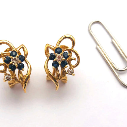 14k (585) Yellow Solid Gold Flowery Shape x5 Sapphire & Diamond earrings JH