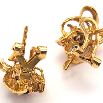 14k (585) Yellow Solid Gold Flowery Shape x5 Sapphire & Diamond earrings JH