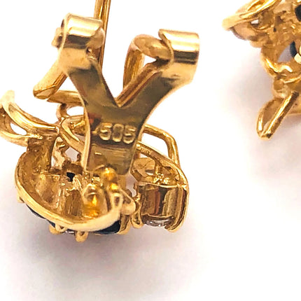 14k (585) Yellow Solid Gold Flowery Shape x5 Sapphire & Diamond earrings JH