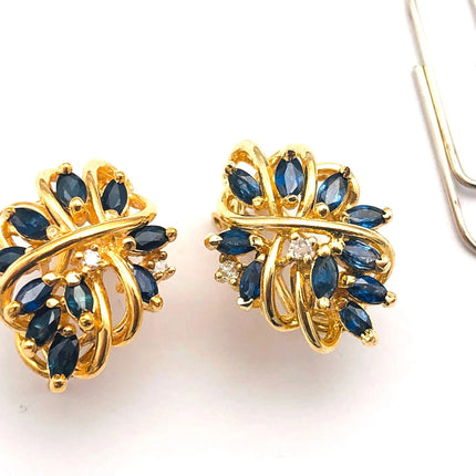 14k (585) Yellow Solid Gold x10 Sapphire & Diamond Exquisite design earrings - JewelHub