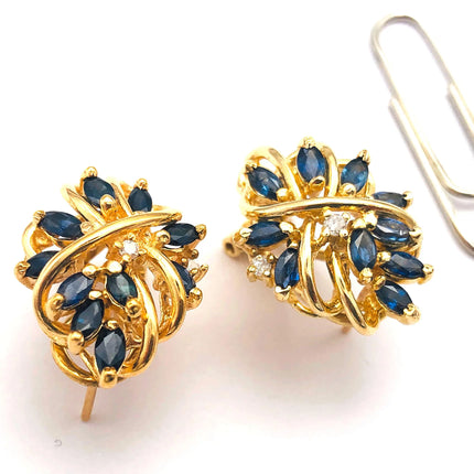14k (585) Yellow Solid Gold x10 Sapphire & Diamond Exquisite design earrings - JewelHub