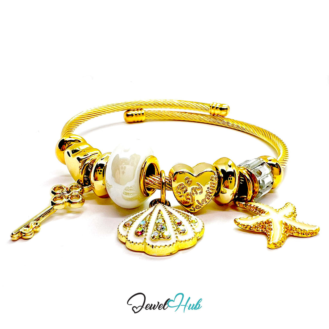 Gold bracelet with various charms on a white background, featuring the brand 'Jewel Hub'.